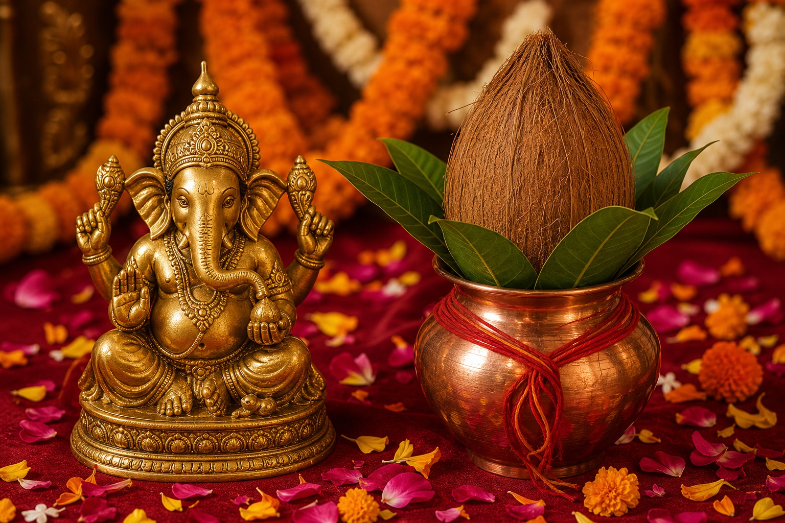 A high-resolution, rich-toned photograph of a golden Lord Ganesha idol sitting next to a traditional copper Kalash wrapped in thread, topped with a coconut and green mango leaves, resting on a deep red silk fabric sprinkled with loose flower petals, warm ambient lighting.